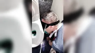 Master desperate to pee when his slave cleans his toilet
