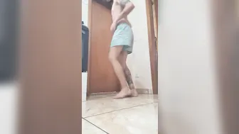 The toilet door is locked and the boy has to shit