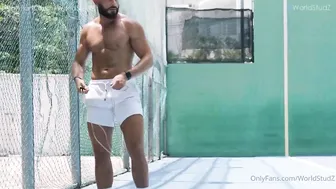 Oliver and his warm-up routine in a windy backyard