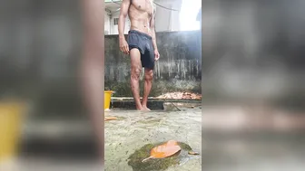 Anonymous Man Having a Bath Outside